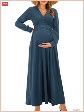 Women's Maternity Nursing Maxi Dress Long Sleeve V Neck Wrap